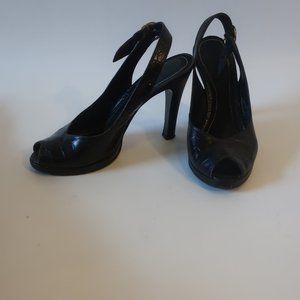 Womens Lauren Ralph Lauren Black Croc Embossed Slingback Leather Heels 7.5 *